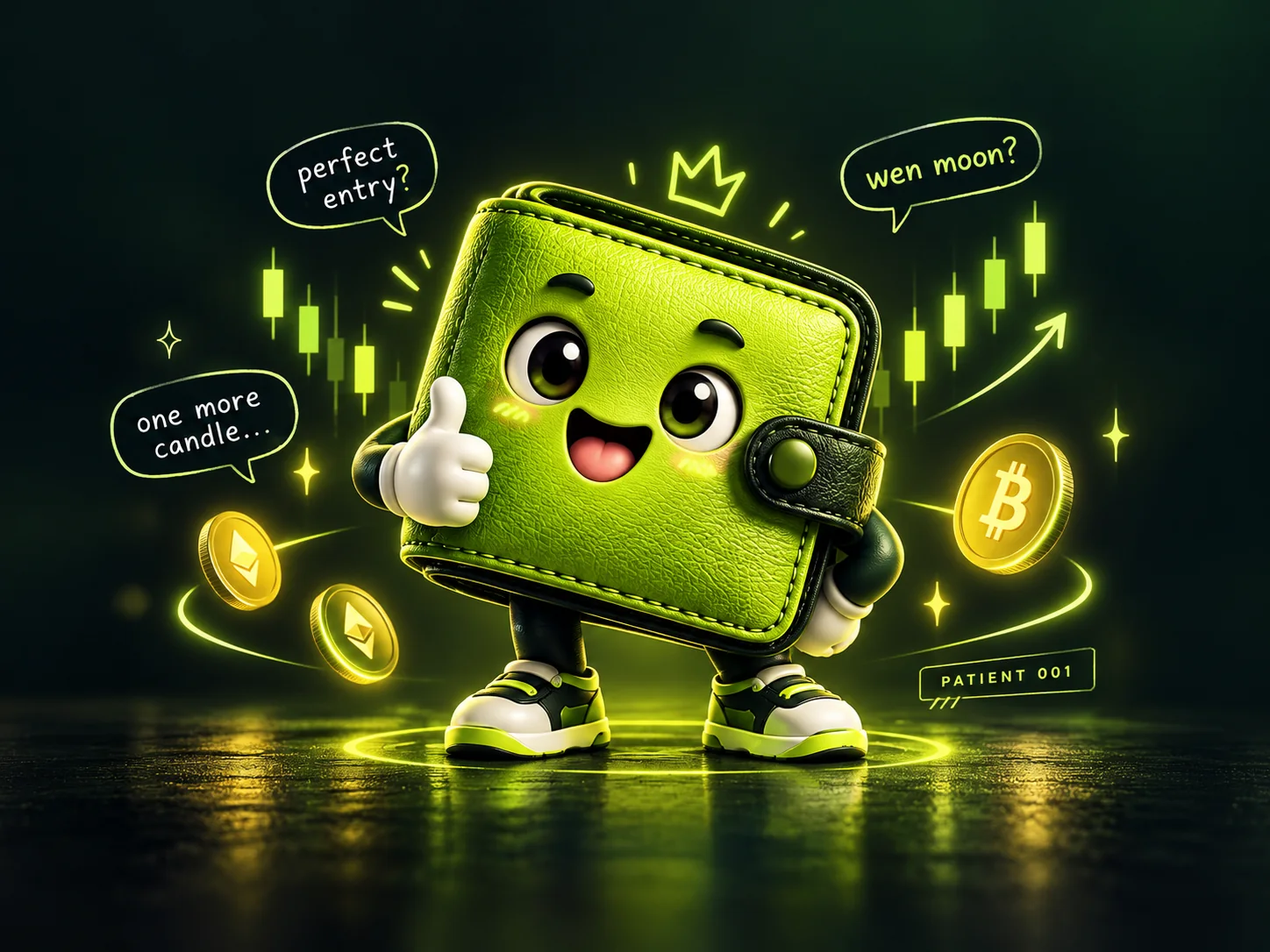 Patient 001, a cheerful green leather wallet mascot surrounded by crypto candles