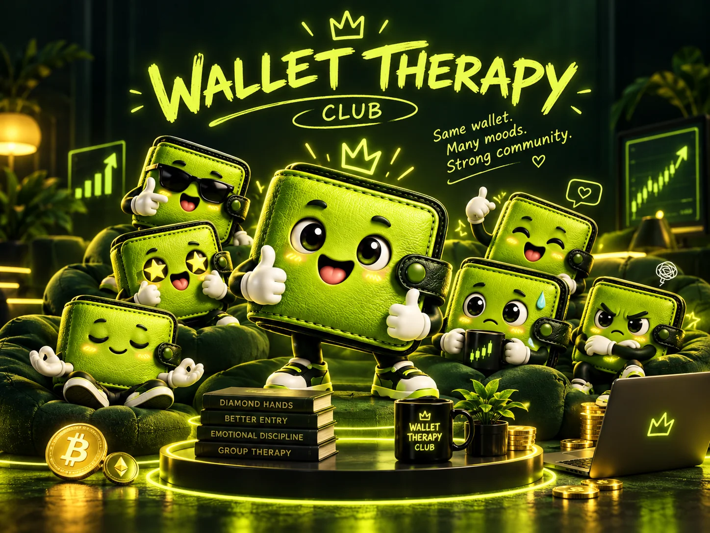 Wallet Therapy Club full of expressive green wallet characters supporting one another