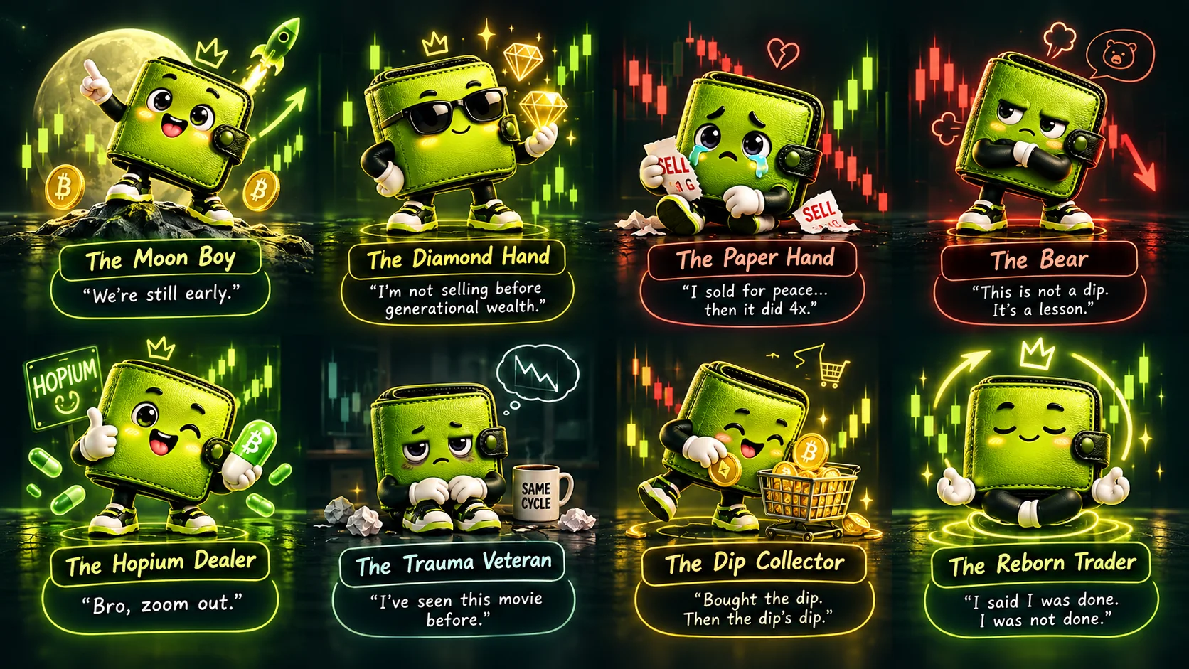 Eight original illustrated moods of the Wallet Therapy mascot including the Moon Boy, Diamond Hand, Bear and Reborn Trader